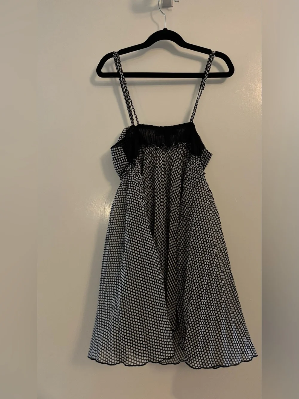 Vintage Betsey Johnson black and white polka dot mesh babydoll nightgown Size M